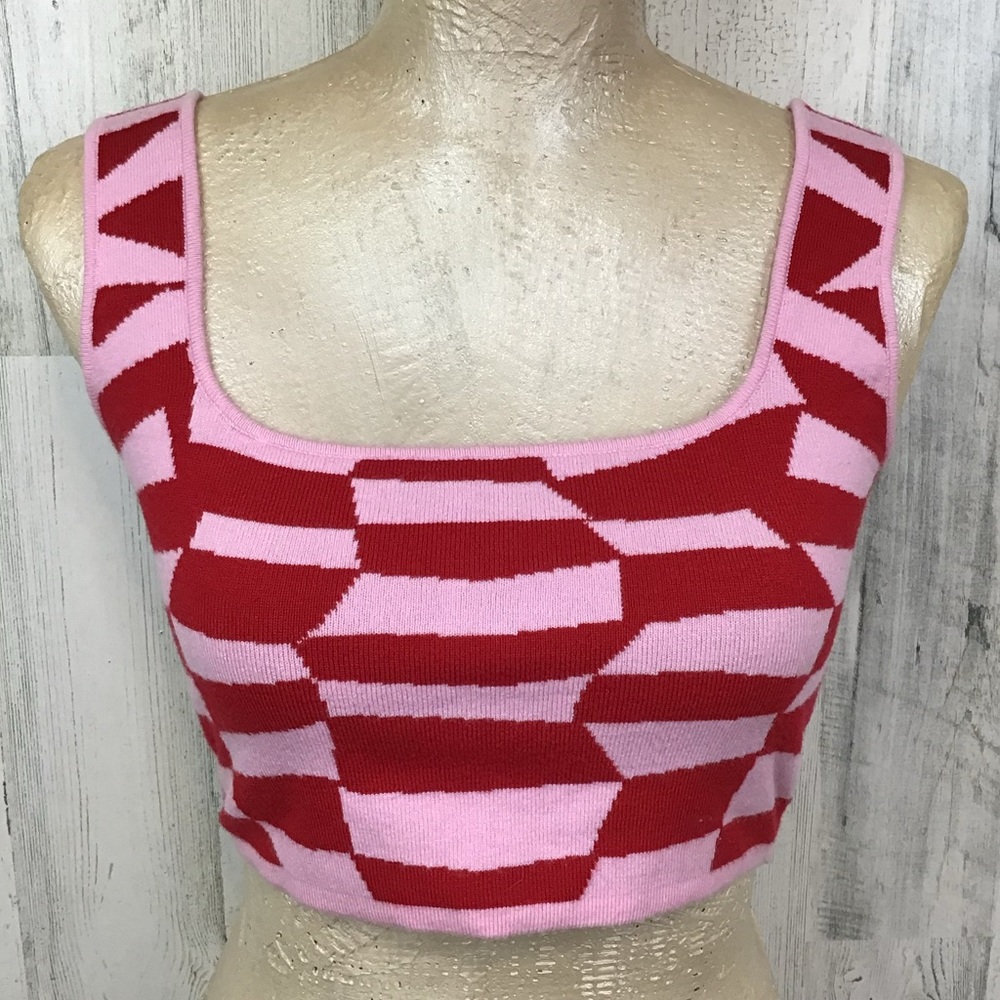 Pretty Garbage Checkered Print Knit Crop Top Red Pink Whimsical Preppy Alice S